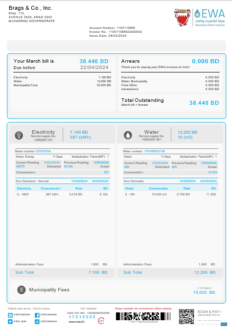 Download Bahrain EWA business utility bill Word and PDF template Photoshop template